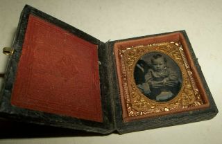 Miniature Antique Tintype Photo Of Baby In Hinged Case