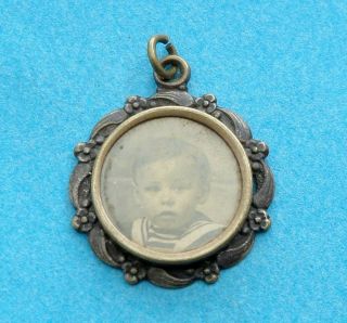 French,  Antique Photo Pendant.  Art Nouveau.  Child,  Boy.  Flowers.  Jewelry.  Medal.