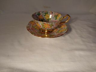 Rare 2 Pc Regency Bone China Yellow Pink Floral Chintz Gold Cup & Saucer - Nr