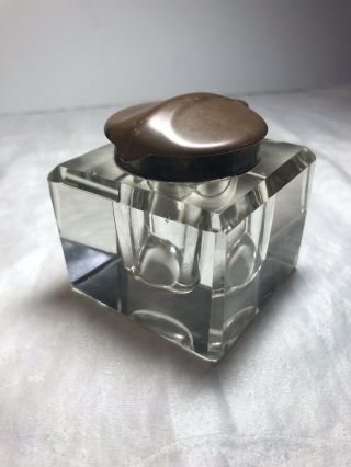 Antique Square Crystal Inkwell Copper Lid Art Nouveau Arts And Crafts