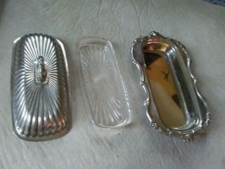 Vintage Leonard 3pc Silver - Plated Steel Covered With Glass Insert Butter Dish