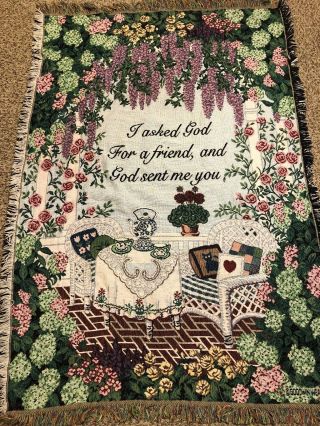 Goodwin Weavers Vintage Fringed Tapestry Throw Blanket 63 " X42 " Ask God For Friend