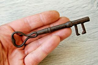 Strange Antique Iron Key 4 5/8 " Long,  Early 19th C,  Heart Shaped Bow,  Lovely