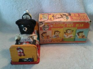 Rare Battery Operated Tin Litho Sleeping Baby Bear 1950s Linemar Toy W/box