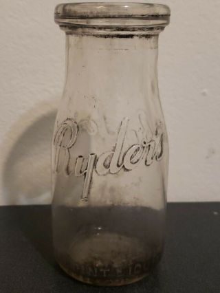 Rare Ryders Dairy Embossed Half Pint Dairy Milk Glass Bottle Antique Vintage Old