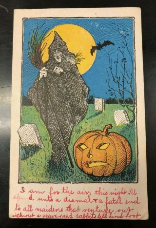 Antique Halloween Postcard 1907,  Witch In A Graveyard,  Full Moon,  Macbeth Quote