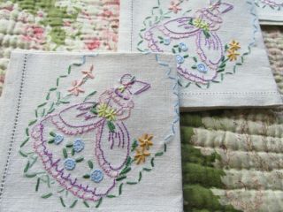 3,  Vintage Hand Embroidered Crinoline Lady Napkins -