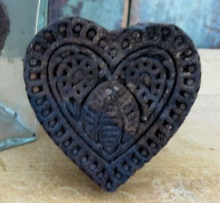 Beautifully Carved Primitive Wood Heart W Paisley Design Butter Mold Stamp Press