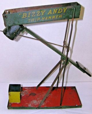 Antique Tin Litho " Bizzy Andy " Wolverine Trip Hammer 1914 Marble Toy Made In Usa