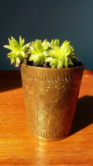 Antique 19th C.  Indian Brass Lassi Cup Pot Beaker Planter Engraved With Deities