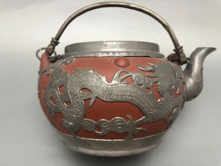 19th Century Rare Antique Chinese Yixing Zisha Teapot Pewter Encased