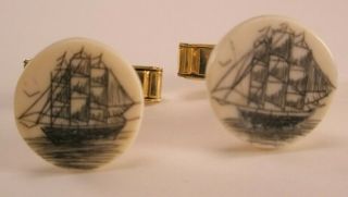 - Scrimshaw Tall Sailing Ship Vintage Cuff Links Buccaneer Of The Line Hms