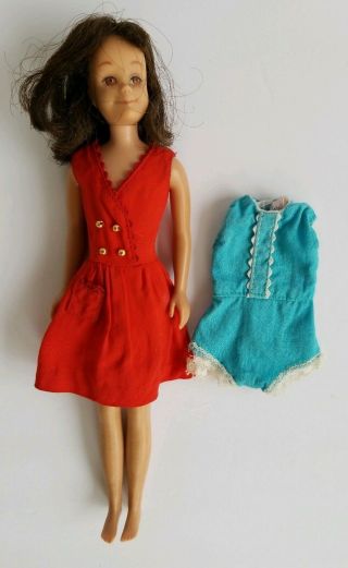 Vintage Brunette Scooter Doll Barbie Mattel 1963 Freckles Red/blue Dress Outfit