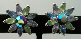Rare Vintage Signed Crown Trifari Ab Rhinestone Flower 1 " Clip Earrings G898c
