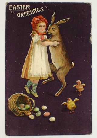 Antique Vtg Easter Greetings Bunny Dancing Girl Chicks & Eggs Germany Post Card