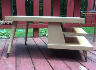 Vintage Mid Century Atomic Wood 3 Tier Step Table Peg Legs Brass Tips Sputnik
