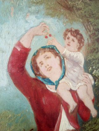 19thc Country Scene Young Girl On Moms Shoulders Antique Miniature Oil Painting.
