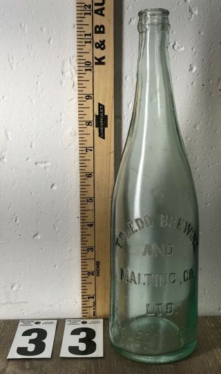 Toledo Brewing And Malting Co Ltd 11.  75 " Glass Beer Bottle Antique Aqua Embossed