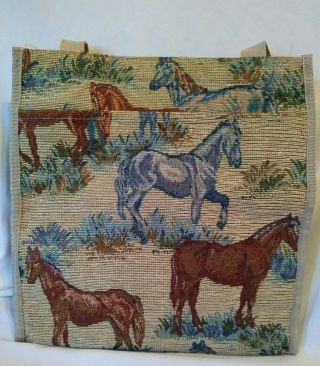 Vintage Horse Print Tapestry Tote Bag Matching Coin Purse Nylon Straps Euc