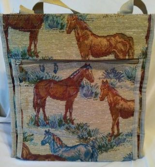 Vintage Horse Print Tapestry Tote Bag Matching Coin Purse Nylon Straps EUC 2