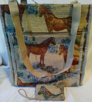 Vintage Horse Print Tapestry Tote Bag Matching Coin Purse Nylon Straps EUC 3