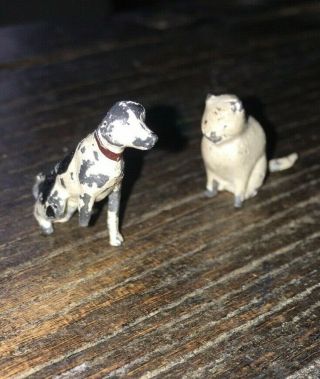 2 Vintage Miniature Cast Iron Metal Dog Figurines Dog & Cat Primitive England
