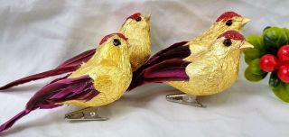 Vintage Bird Christmas Ornament Set Of 4 Foil With Real Feathers Clips Rare