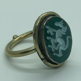 Antique Islamic Green Stone Intaglio Signet Ring Medieval Style Seal Middle East
