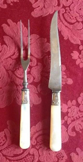 Antique 2 Pc Mother Of Pearl Sterling Silver Ferrule Band Carving Set Knife Fork