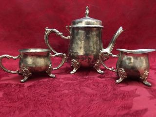 Coffee Tea Pot Sugar Bowl Creamer Silver Plated Metal 3 Pc Set Footed Vintage