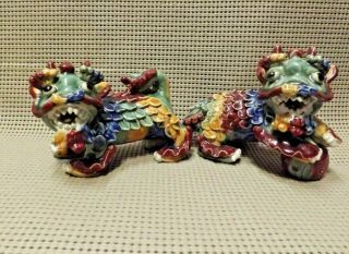 Antique Chinese Multi - Color Sancai Glazed Biscuit Porcelain Foo Dogs