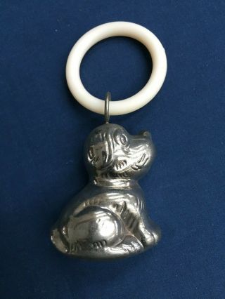 Vintage Silver Plate Babies Rattle & Teething Ring - Dog Shaped Rattle
