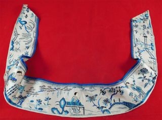 Antique Chinese White Silk Blue Embroidered Figural Single Sleeve Cuff Band Trim