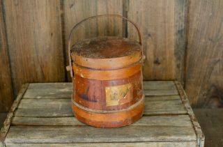 Antique Primitive Wooden Firkin Bucket W/ Lid Finger Banded