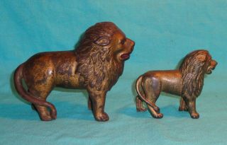 2 Antique Cast Iron Ac Williams Lion Penny Banks Large & Medium Size
