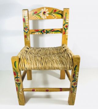 Antique Hand Painted Primitive Doll Or Child Chair Folk Art Yellow With Flowers