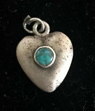Antique Victorian Vintage Sterling Silver Puffy Heart Charm Turquoise Center