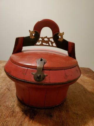 Antique Chinese Wedding Basket Gift Box Hand Carved Wood Red Lacquer Elmwood