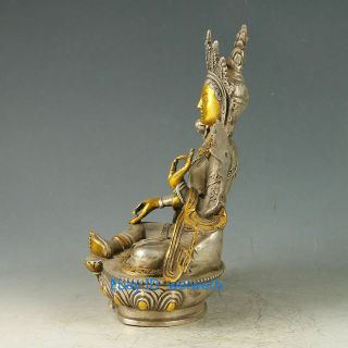 Chinese Antique Tibet Silver Gilt Carved Figure Of Green tara Buddha Statue 2