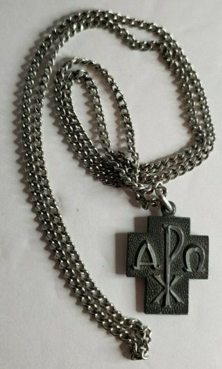 Vintage Sterling Silver Antique Alpha Omega Cross Charm Pendant Necklace