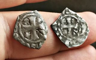 Medieval France Crusader Coins 2 Silver Deniers 1100`s - 1200`s Tournois Rare