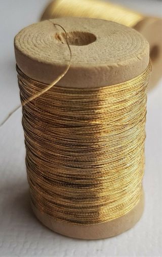 Small Wooden Spool Of Vintage Gold Metallic Round Thread French