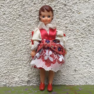 Vintage German Ari Mini Rubber Girl Doll In Red Folk Costume