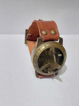 Brass Sundial Compass Wrist Watch Leather Strap Navigational Gift 2 "