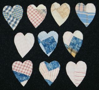 10 Primitive Antique Cutter Quilt Hearts Blue,  Pink,  Etc Applique