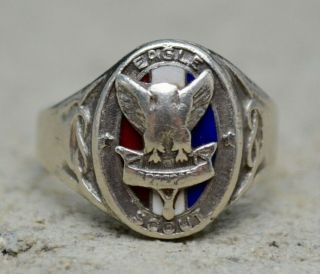 Rare Vintage 1930s Bsa Eagle Scout Knot Sterling Silver Enamel Ring Size 7.  5