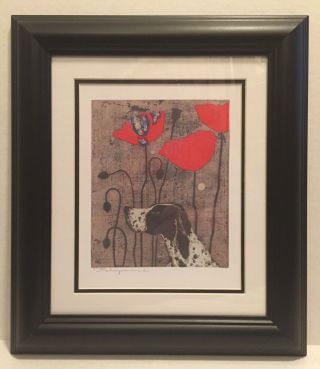 Tadashi Nakayama Dog & Poppies Japanese Modern Giclee Art Print Framed 14x16