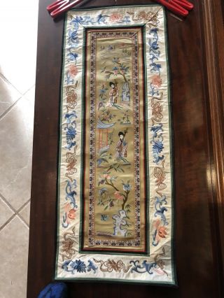 Two Vintage Chinese Hand Embroidered Silk Panels 11” By 26”