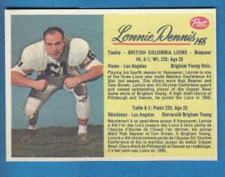 Very Rare 1963 Post Cereal Lonnie Dennis B.  C.  Lions 148 - Factory Card