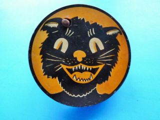 Rare Antique Halloween Black Cat All Wood Handle & Tin Litho Noisemake